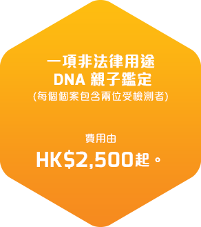一項非法律用途DNA親子鑑定(每個個案包含兩位受檢測者）收費港幣3,000元起。